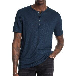 John Varvatos Men's Short Sleeve Dryer 4 Button Henley Shirt Solid Pacific Blue